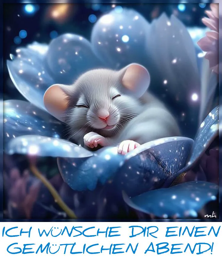 Ein süßes, schlafendes Mäuschen in einer blau leuchtenden, glitzernden Blüte mit funkelndem Hintergrund, ideal für Abendgrüße.
